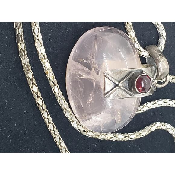 Sterling Silver 925 Rose Quartz & Garnet Cabochon Necklace On Snake Chain - Picture 7 of 13